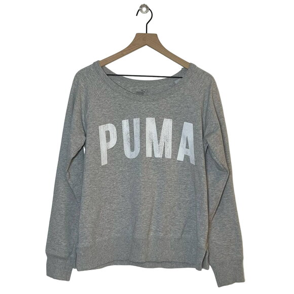 PUMA Sweatshirt Womens Size Large Gray White Spellout Logo Knit Stretch Pullover - Picture 1 of 5